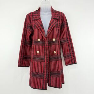 Anne Klein Cardigan Women M Red Houndstooth NWT Old Money Open Front Gold Button